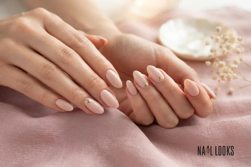 Blush Nails With Gold Hearts