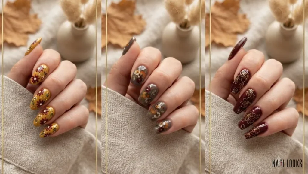 Burgundy Coffin Nails with Gold Flower Lines