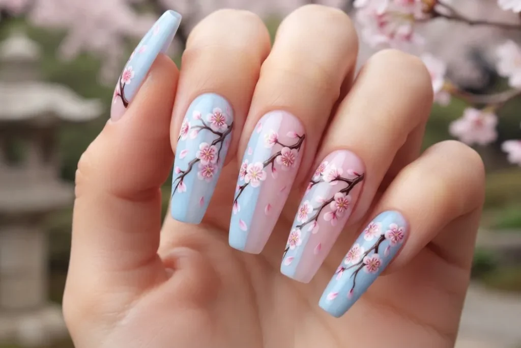 Cherry Blossom Nails Blue and Pink