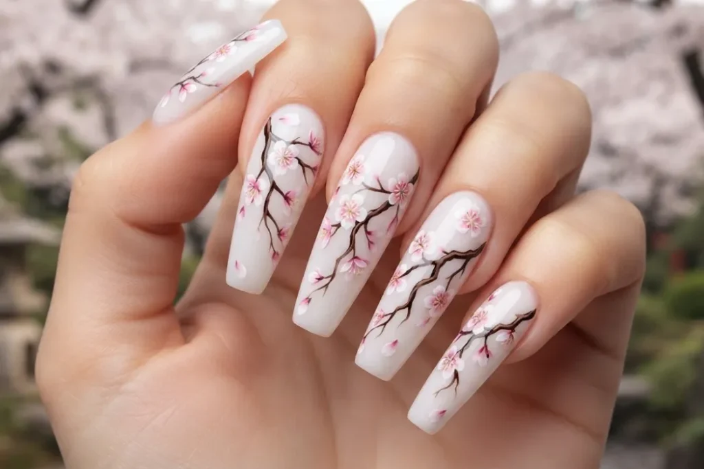 Cherry Blossom Nails Coffin Shape
