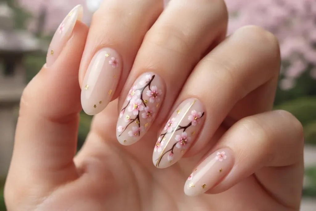 Cherry Blossom Nails with Gold
