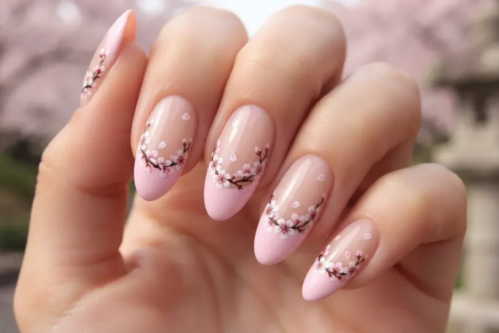 Cherry Blossom Nails with Pink Tips