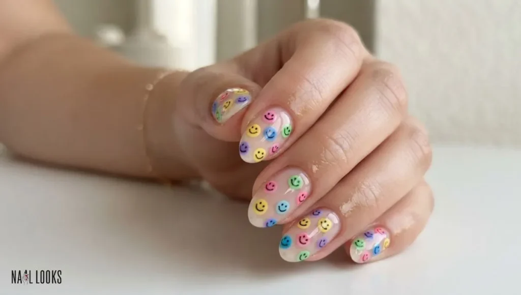 Clear Gel Nails with Rainbow Faces