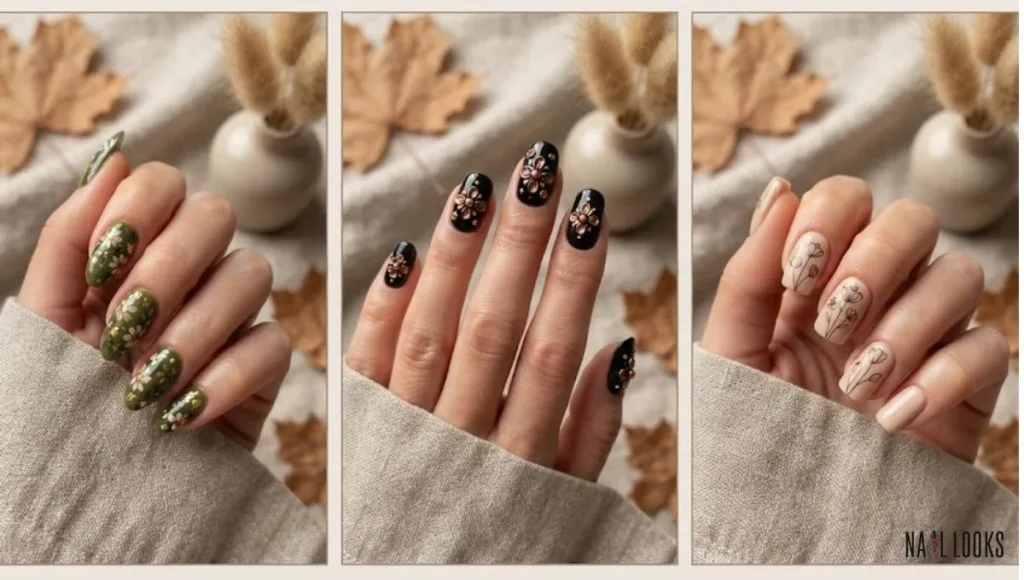 Cream Square Nails with Brown Line Flowers