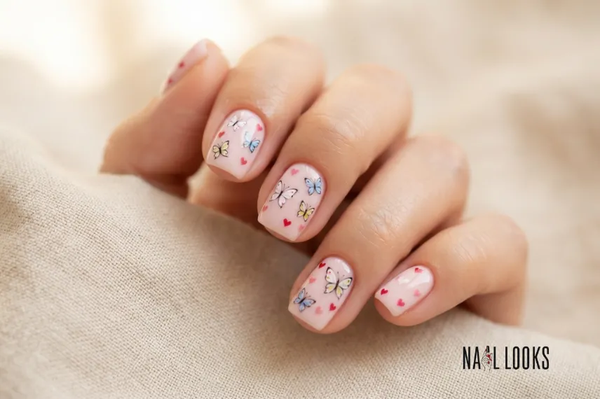 Cute Butterfly Nails With Tiny Hearts