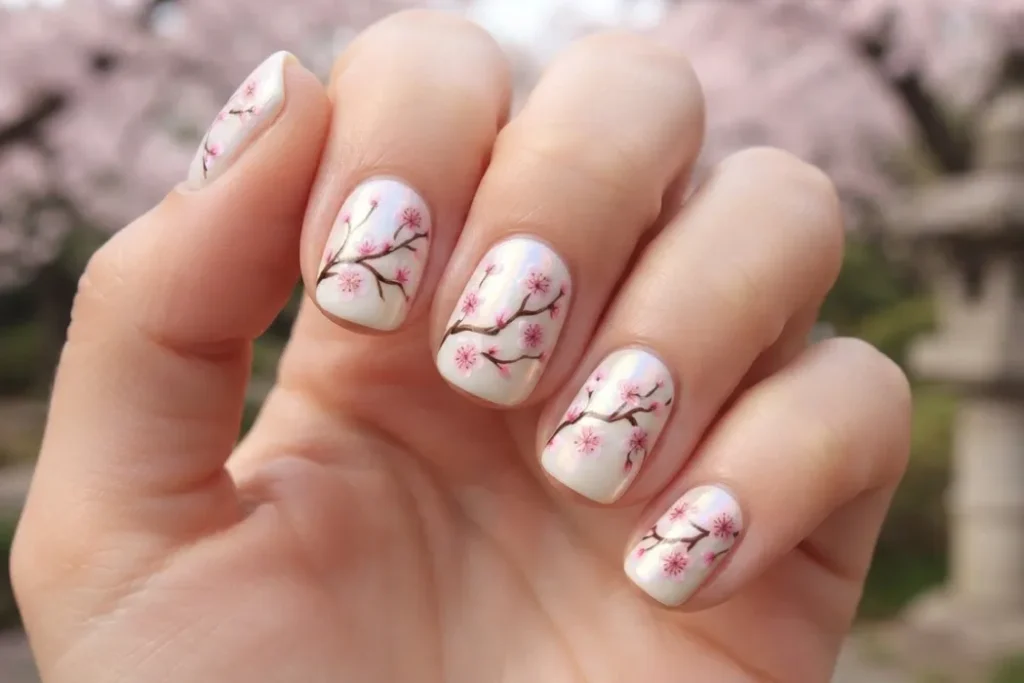 Cherry Blossom Nails for Short Nails with Chrome