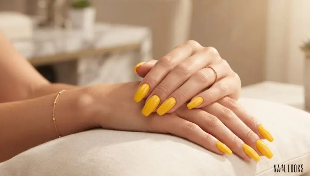 Long Glossy Yellow Coffin Nails
