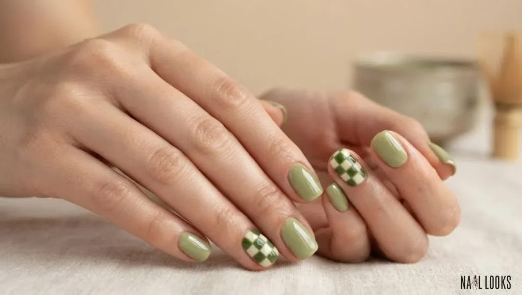 Matcha and Cream Checker Nails