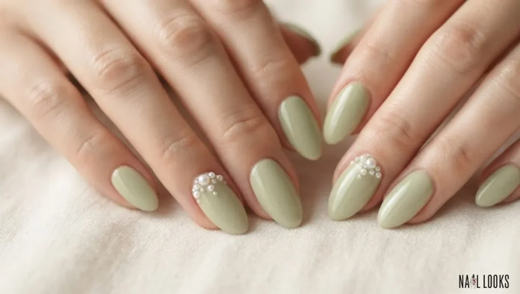 Matcha and Pearl Accent Nails