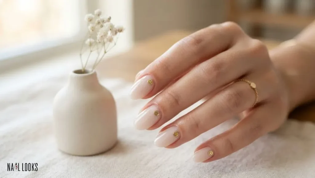 Milky Nude Gold Smiley Nails