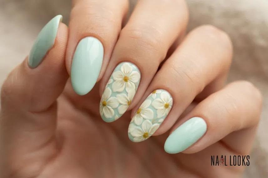 Mint Green Floral Nail Designs