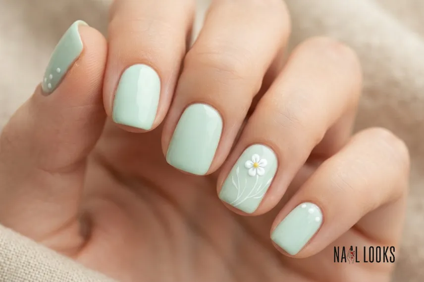 Mint Green Nails With White Designs