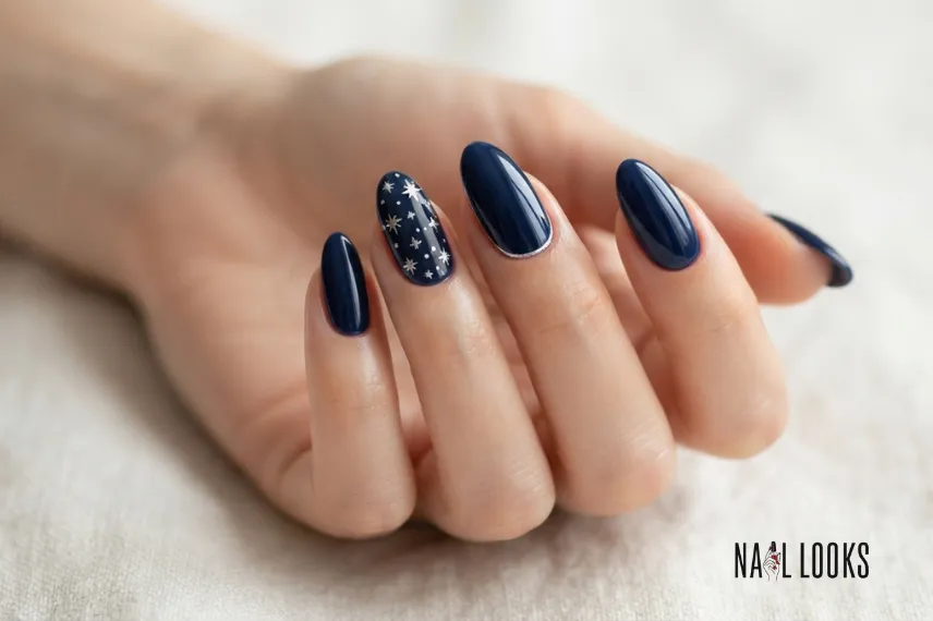 Navy Blue Nails With Silver Stars