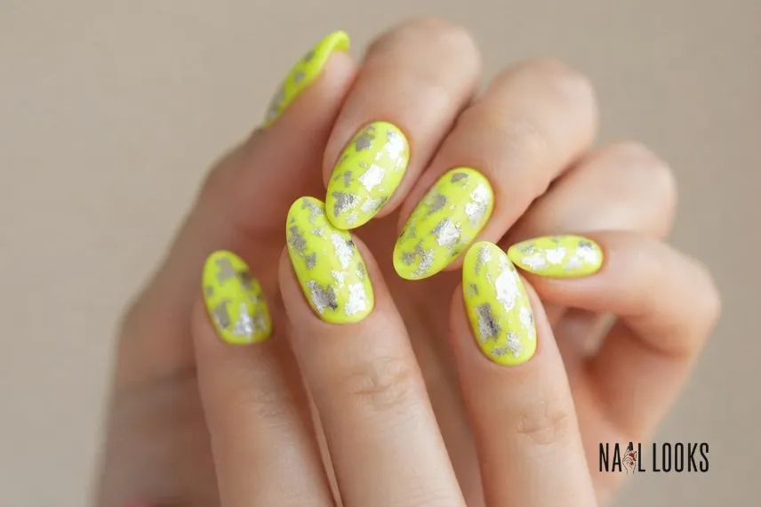 Neon Nails With Silver Foil