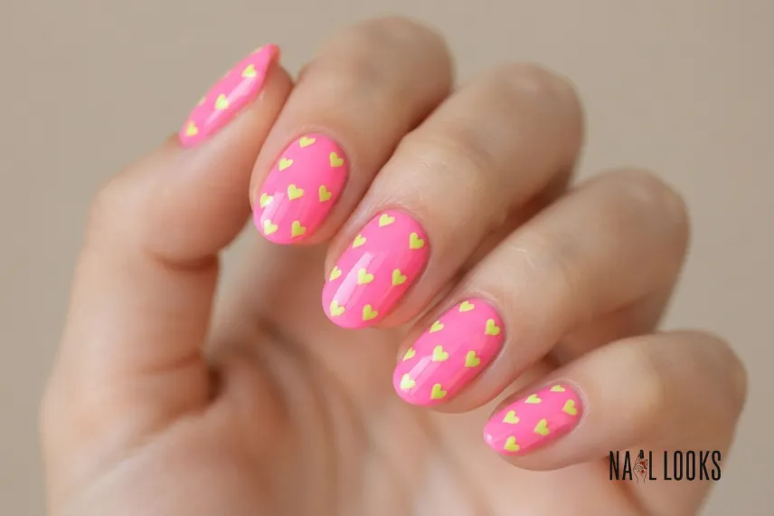 Neon Nails With Tiny Hearts