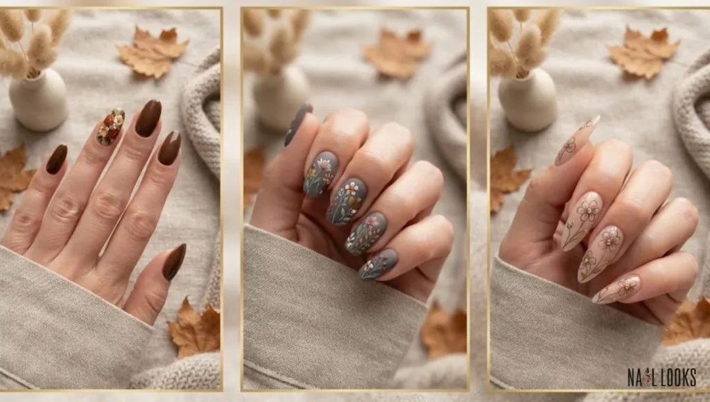 Nude Nails with Brown Petals and Gold Dots