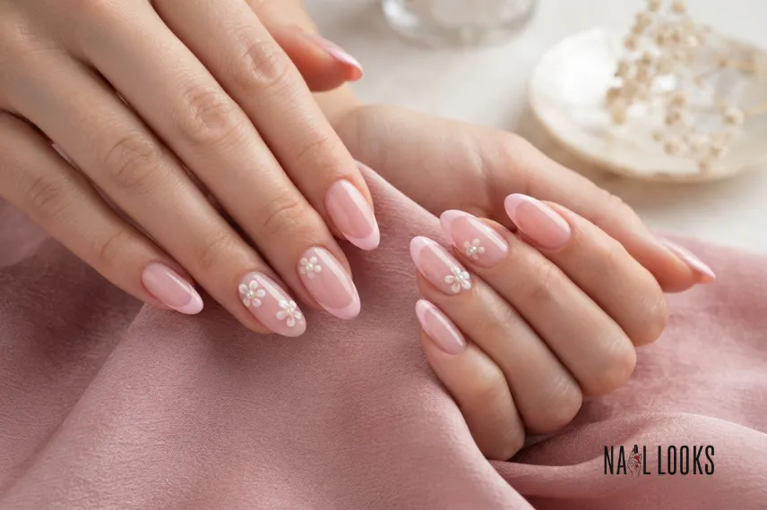Pink French Tips With White Flowers