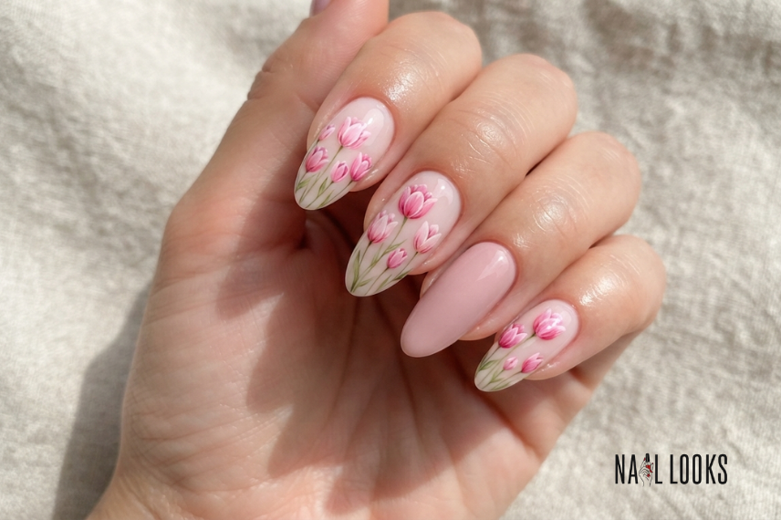 Pink and Green Tulip Garden Nails