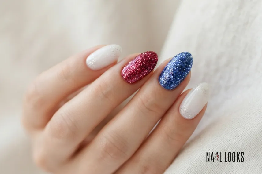 Red, White, and Blue Glitter Nails