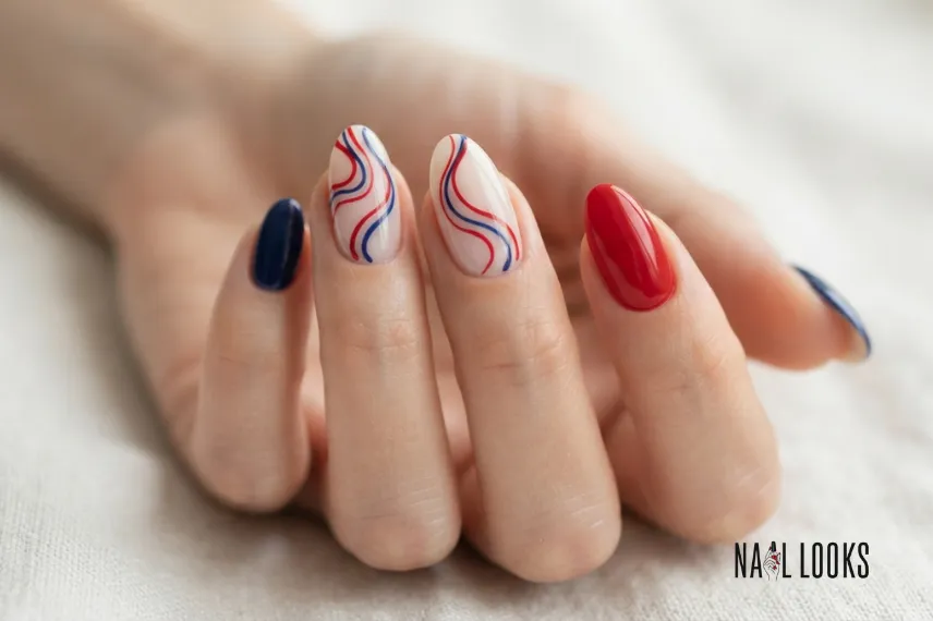 Red, White, and Blue Swirl Nails