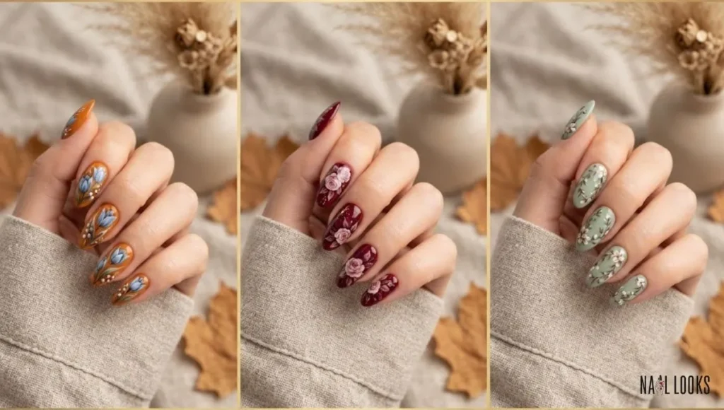 Sage Green Nails with Brown Vine Tips