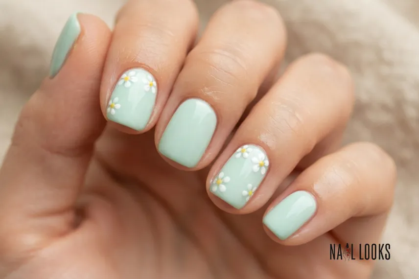 Simple Mint Green Nail Designs With Tiny Flowers