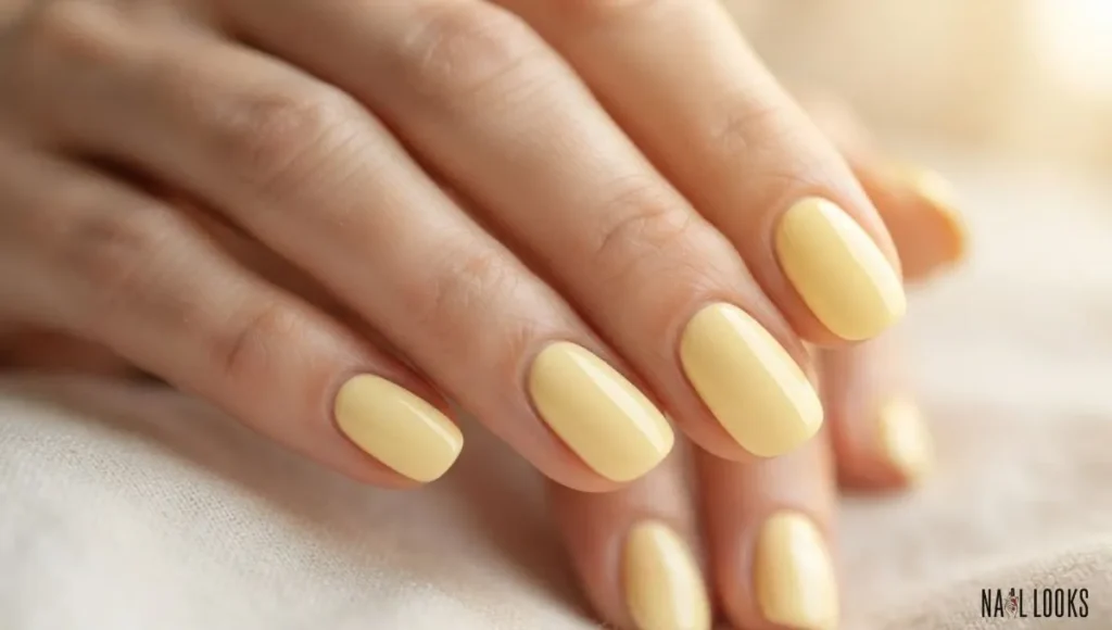 Soft Butter Yellow on Short Almond Nails