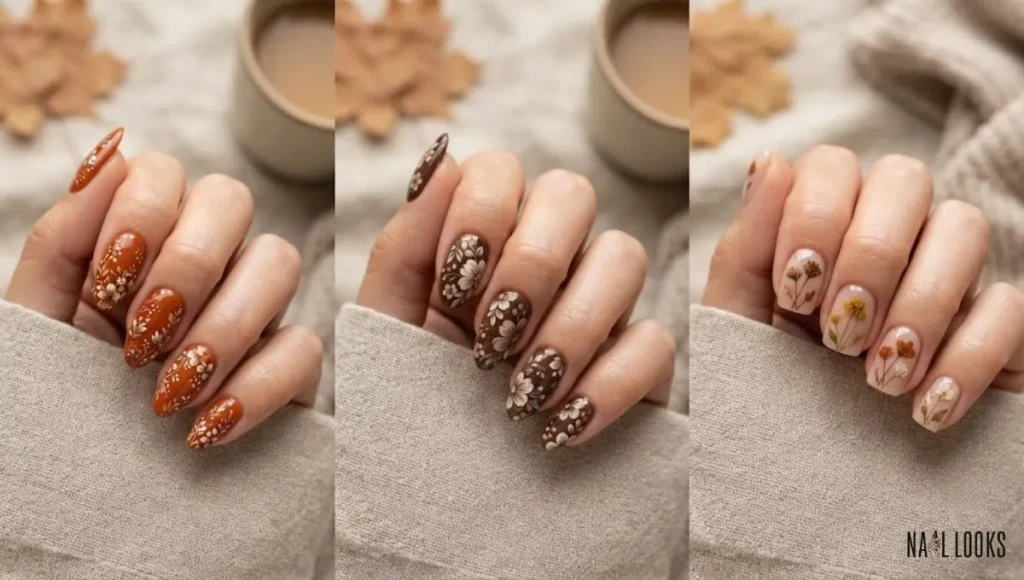 Soft Nude Nails with Dried Flower Lines