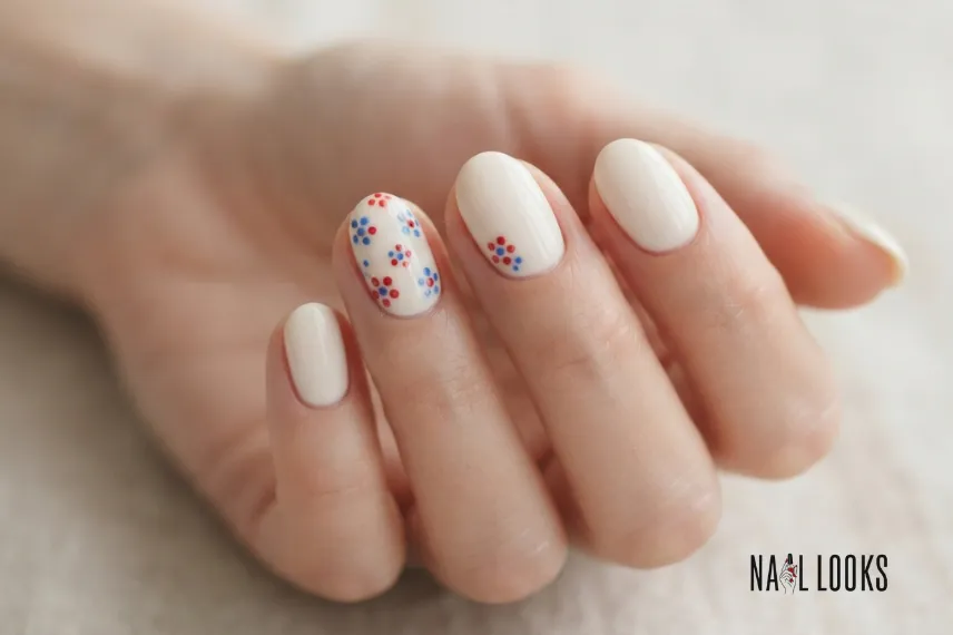 Soft Patriotic Nails With White Flowers