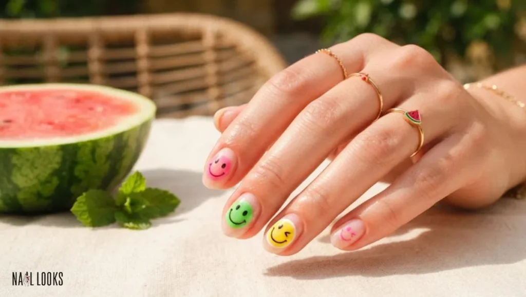 Summer Watermelon Smiley Nails