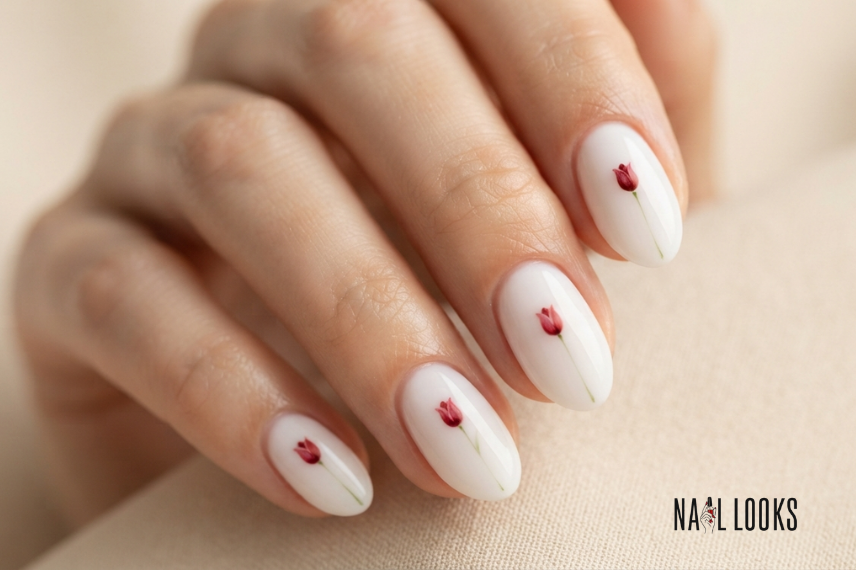 White Nails With Red Tulips