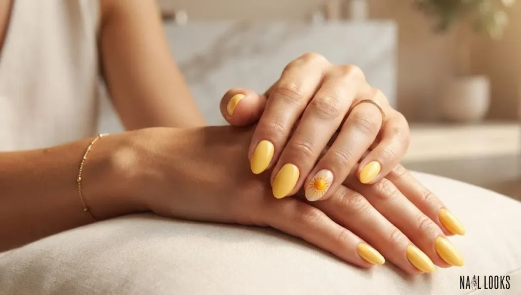 Yellow Almond Nails With a Tiny Sun