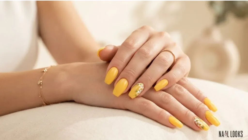 Yellow Coffin Nails With Tiny White Flowers