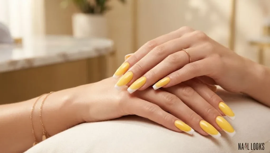 Yellow Coffin Nails With White Tips