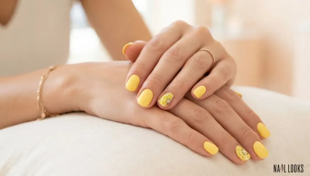 Yellow Nails With Lemon Print