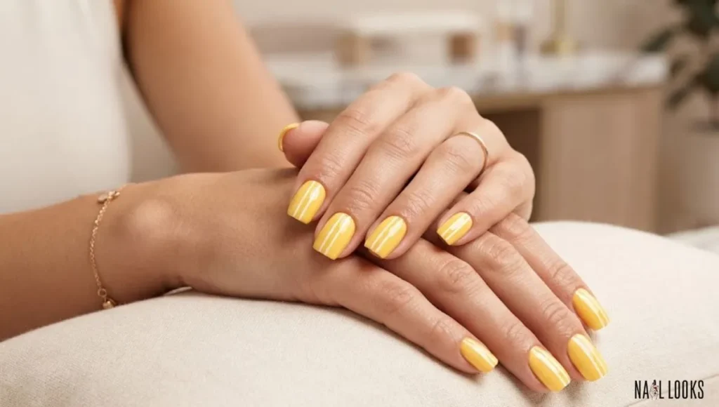Yellow Nails With Thin White Stripes