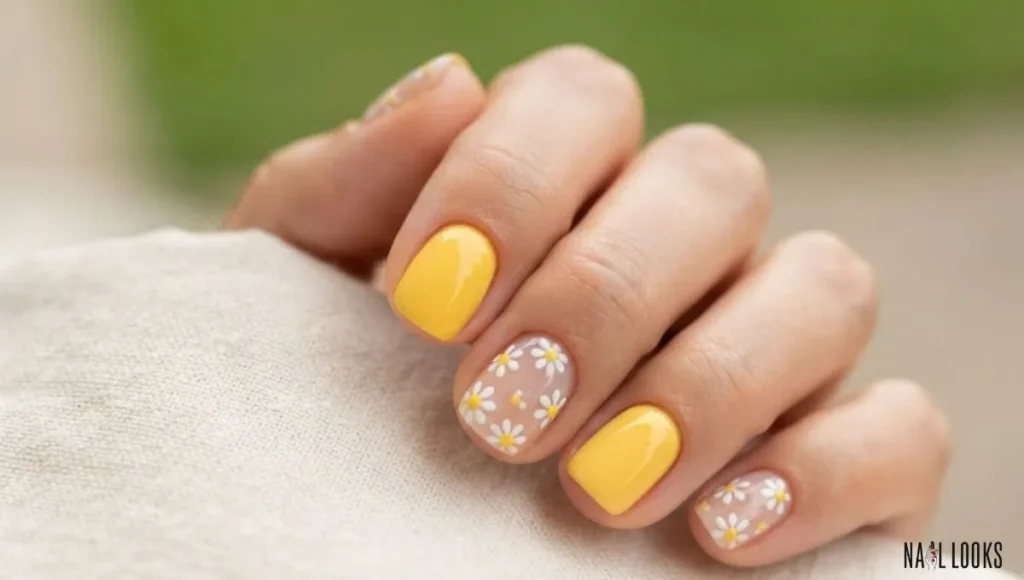 Yellow Nails With Tiny Daisies
