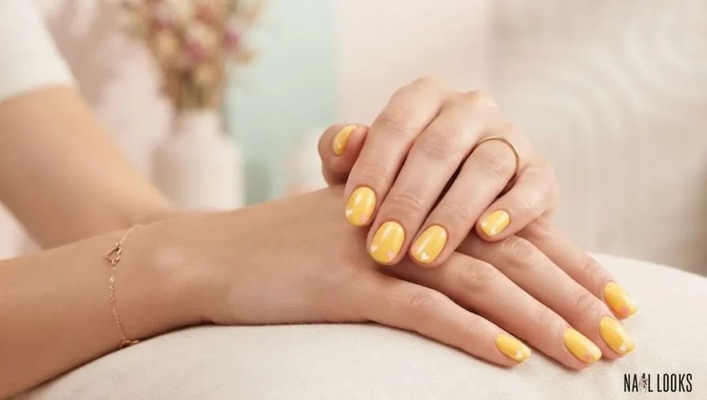 Yellow Nails With Tiny Hearts