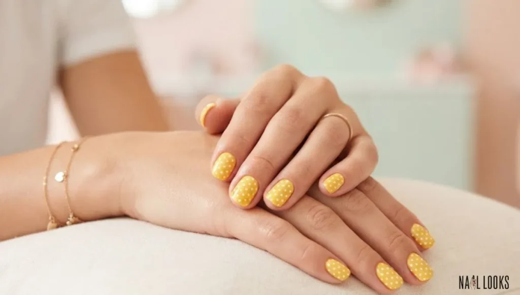 Yellow Nails With White Polka Dots
