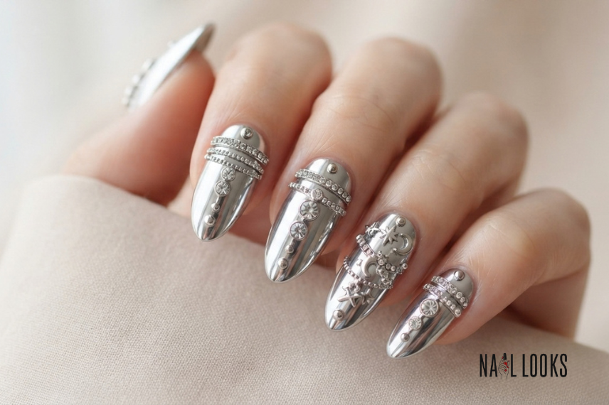 chrome bangle nails with rhinestone details