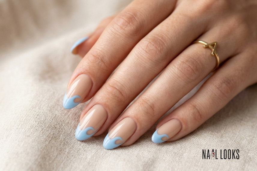 French beach tip nails with wave line