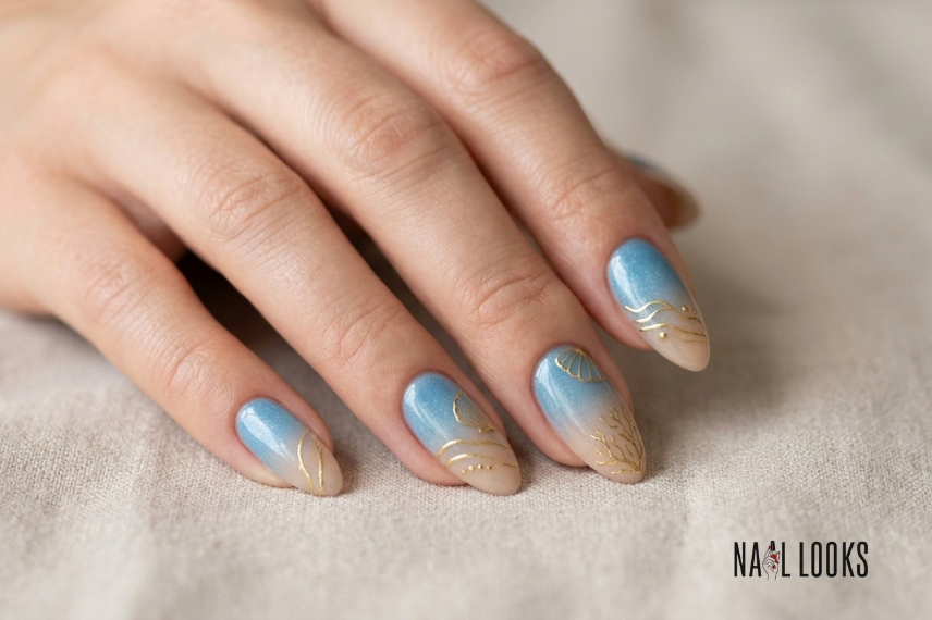 beach nails with gold accent details