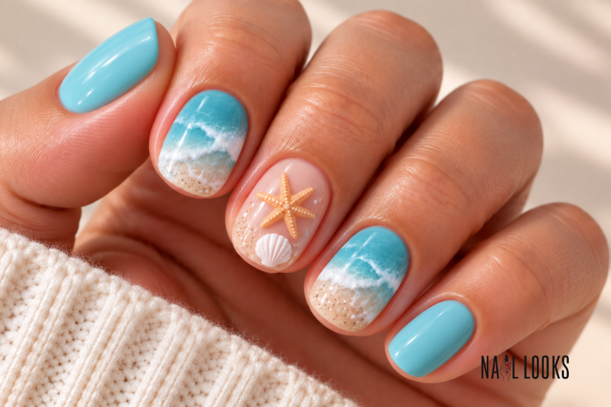 beach themed short nail design