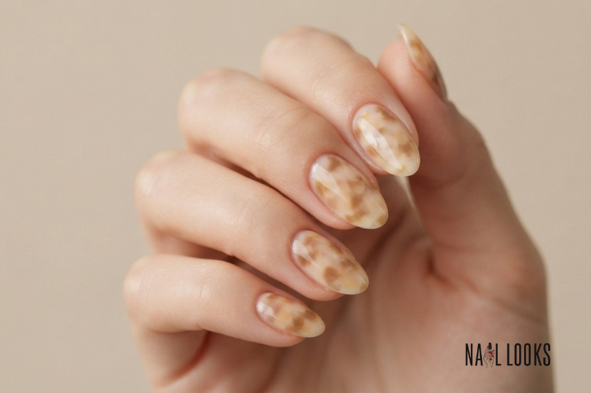 blonde tortoiseshell nails with pale honey and cream patches