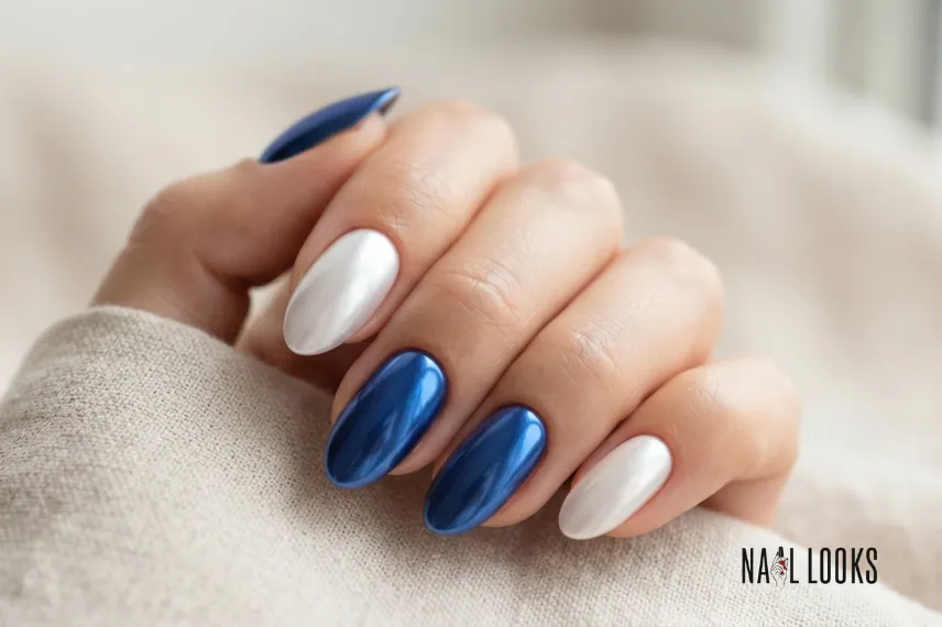 Blue and White Chrome Nails