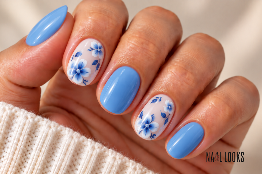 blue ocean wave short nail design