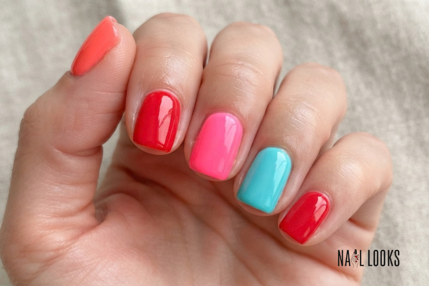 bright summer nails in coral pink turquoise and red