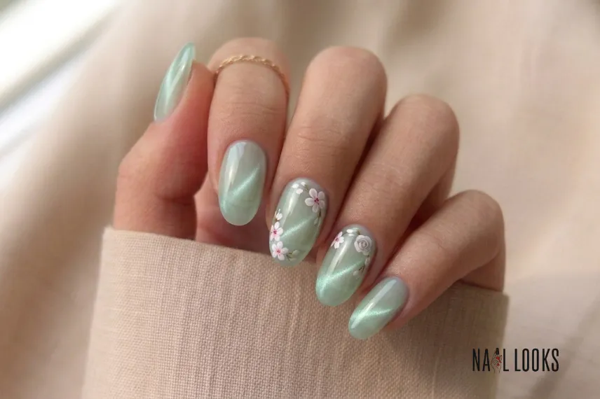 Cat Eye Nails with Floral Accents