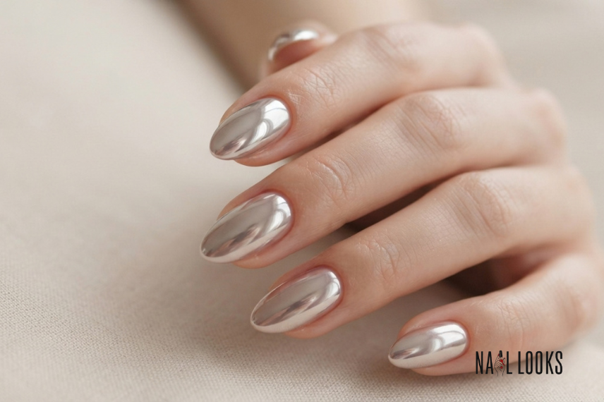 chrome glazed summer nails with a reflective finish