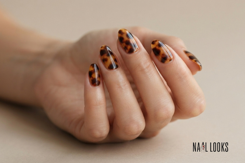 classic amber tortoiseshell nails with deep brown patches
